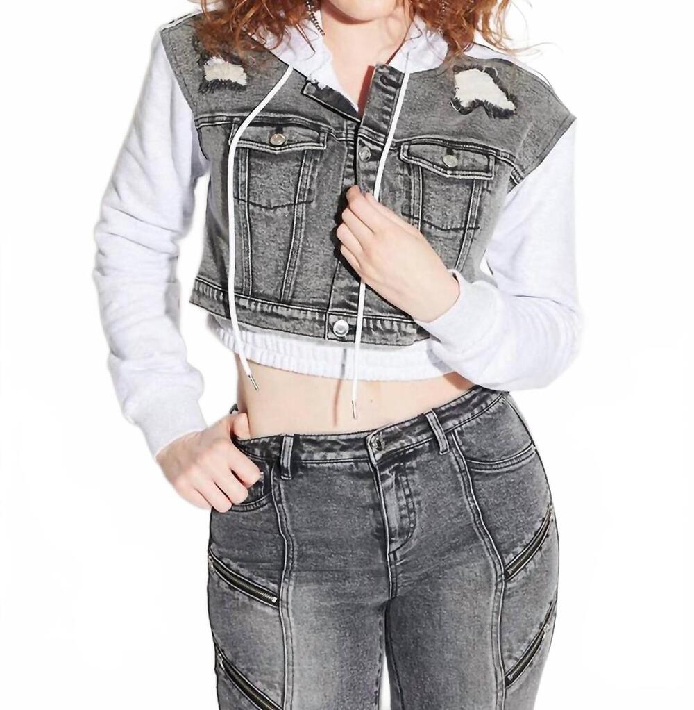 NEW CIRCULAR PATH crop denim hoodie in heather gray